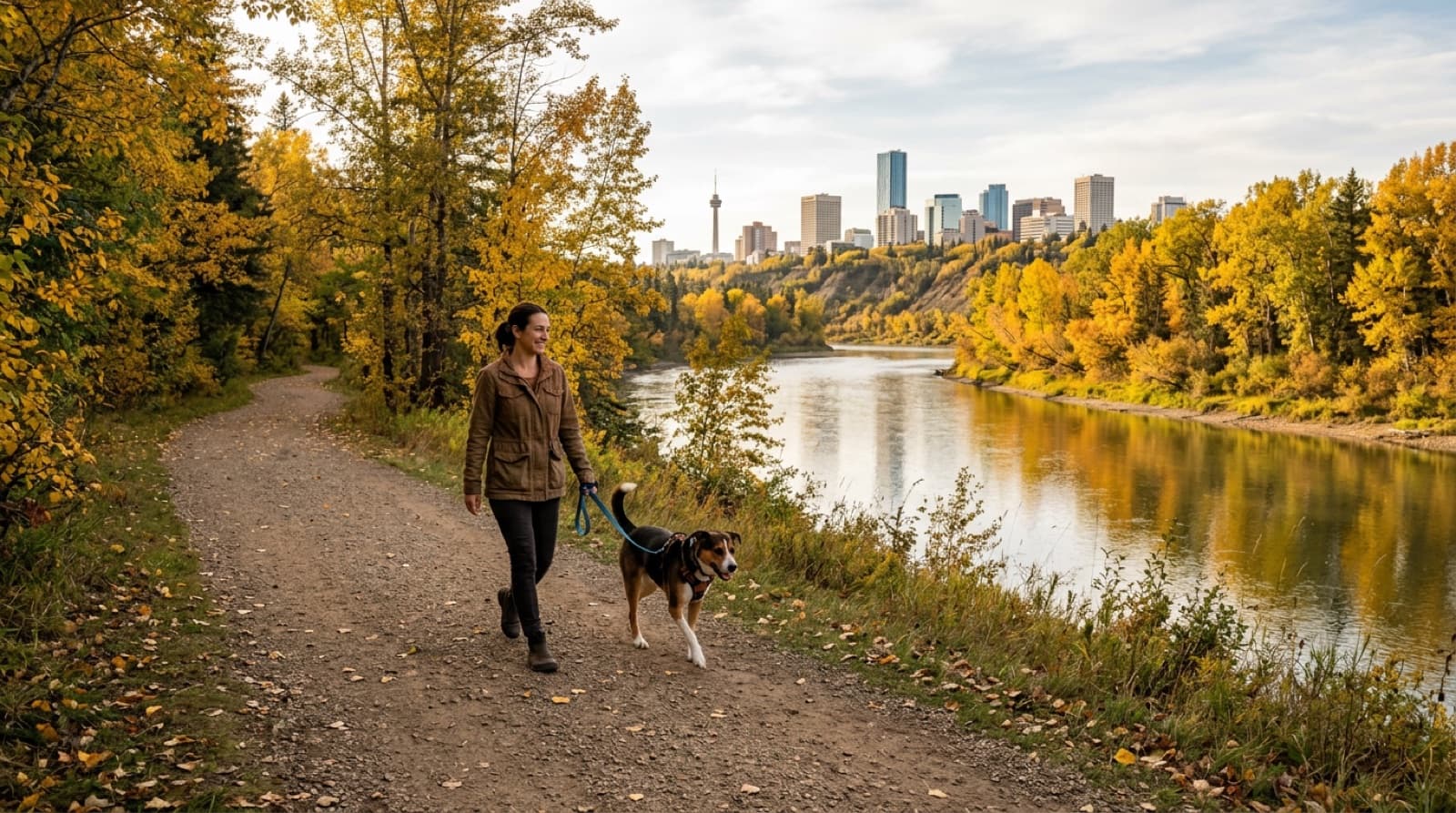 Central Edmonton river-valley trail near the Riverdale neighbourhood, autumn aspens, handler walking a leashed mixed-breed rescue dog along the North Saskatchewan River with downtown skyline beyond