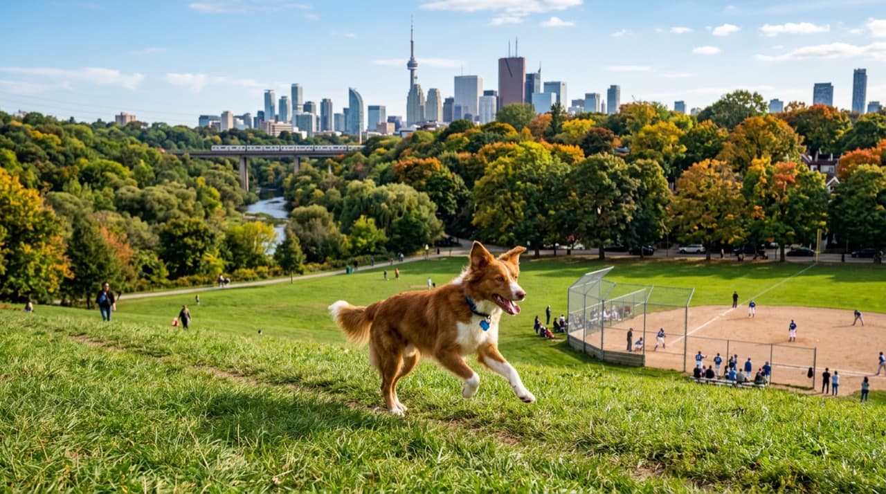 A dog running on the open off-leash grassy field at Riverdale Park West in Cabbagetown, Toronto