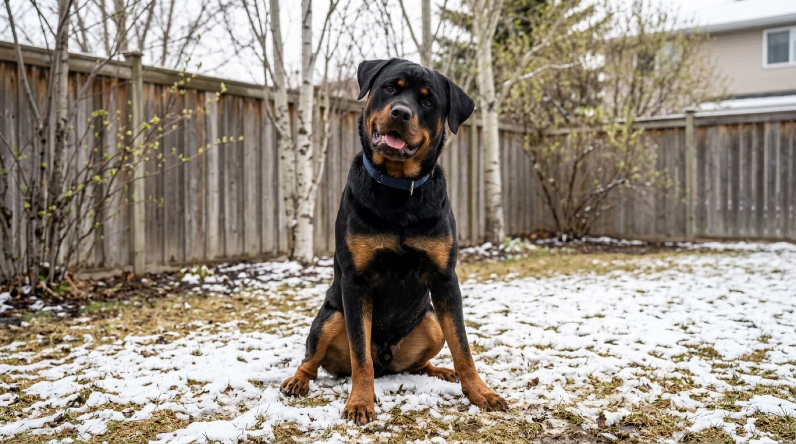 A 14-month-old adolescent Rottweiler with full adult body size but a goofy puppy expression, sitting in an Edmonton suburban backyard during winter