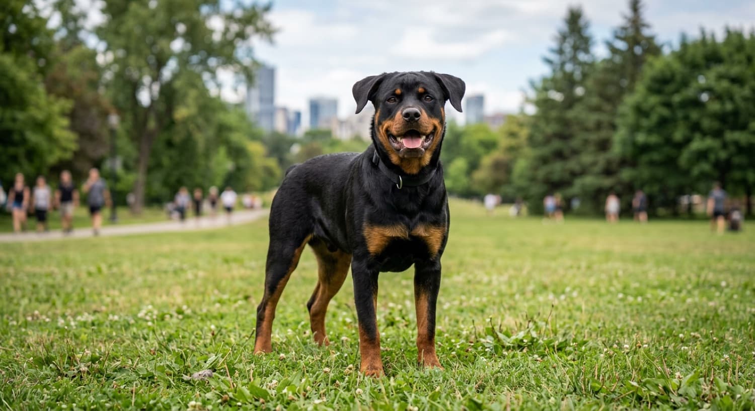 A 14 month old adolescent Rottweiler with full adult body size but a goofy puppy expression, sitting in a Toronto park