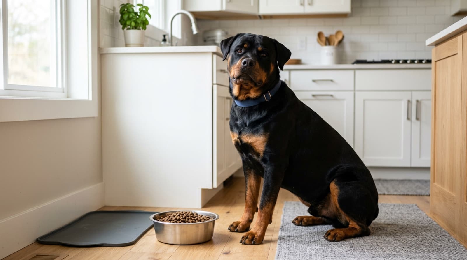 Rottweiler sitting beside a bowl of kibble in a bright home kitchen