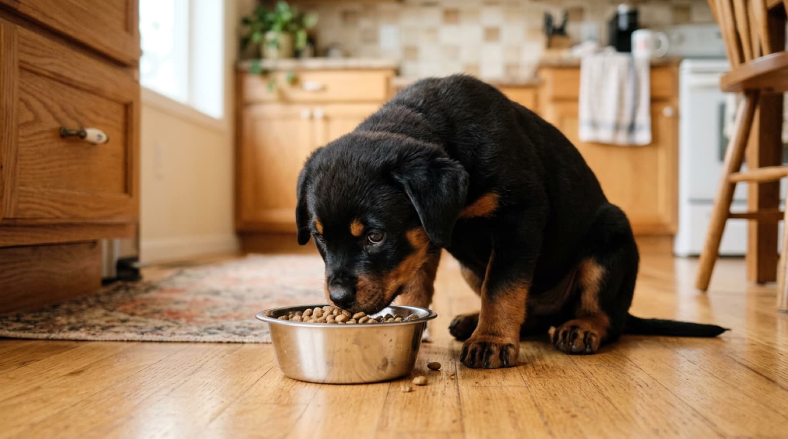 Rottweiler puppy eating from a stainless steel bowl on a home kitchen floor