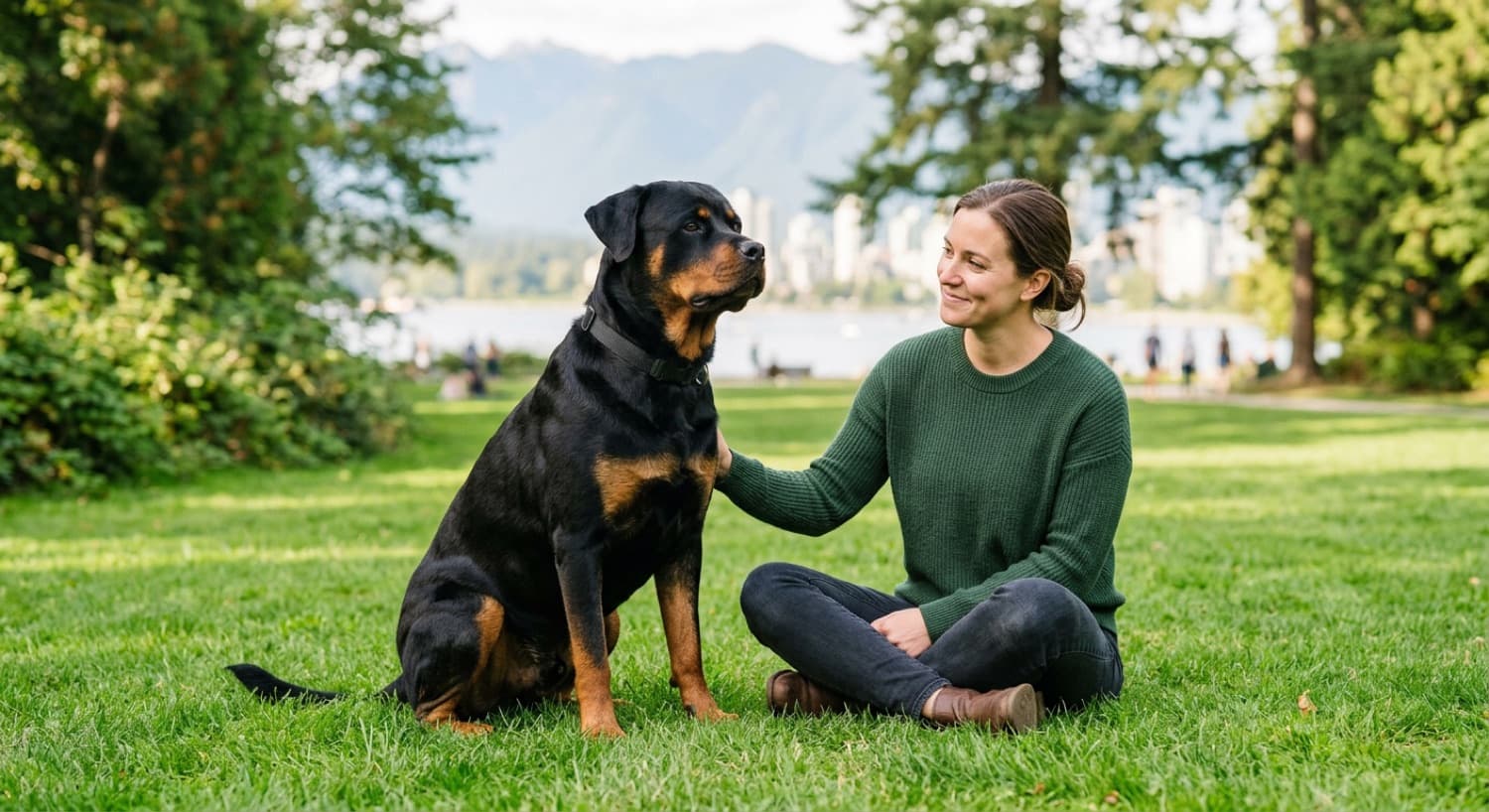 A calm, well-trained Rottweiler sitting attentively with its owner in a Vancouver park