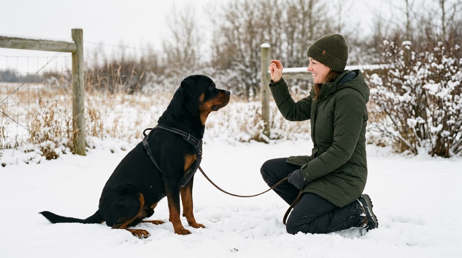 A Rottweiler working on a training exercise with a person in a Winnipeg yard