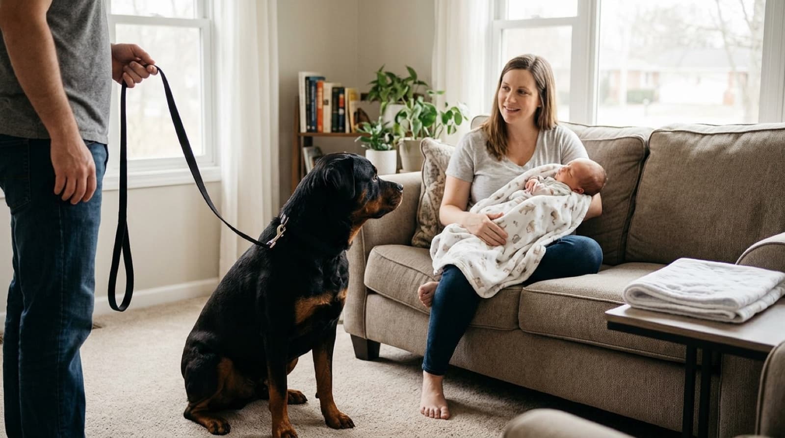 A new mother sitting on a couch holding her newborn baby while a calm leashed adult Rottweiler sits at a respectful distance, controlled introduction with the dog being rewarded for calm behavior