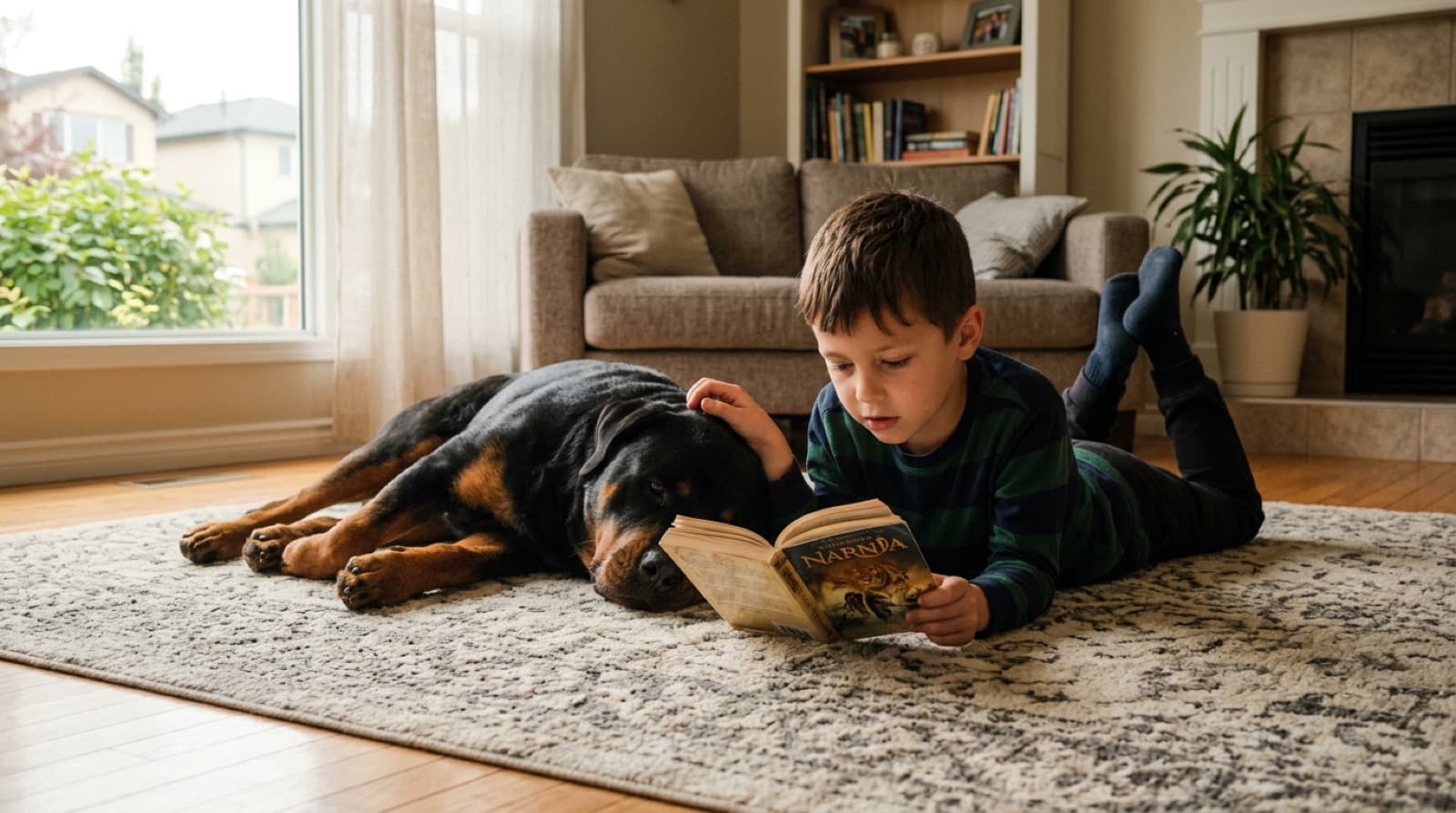 A calm adult Rottweiler lying on the floor of a Calgary suburban living room next to an 8 year old child reading a book, both relaxed and bonded