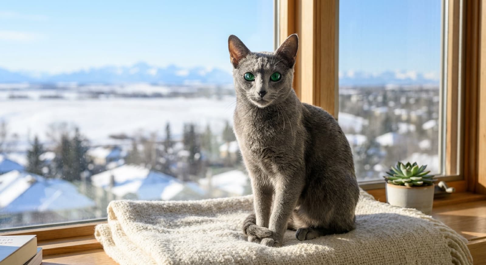 A slim elegant Russian Blue with vivid green eyes, wedge-shaped head, and silver-tipped plush double coat sitting on a Calgary windowsill, the breed look most adopters arrive wanting and rarely find as a true purebred in Calgary rescue