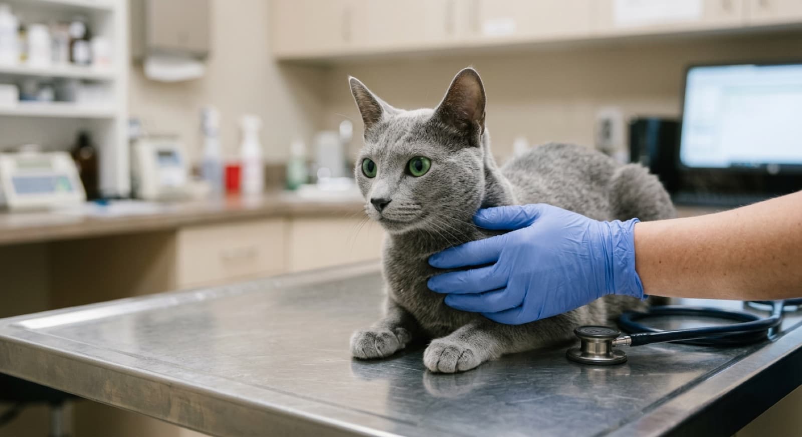 A healthy adult Russian Blue cat with shimmering silver-blue coat and bright green eyes sitting calmly during an annual wellness exam at a Calgary veterinary clinic