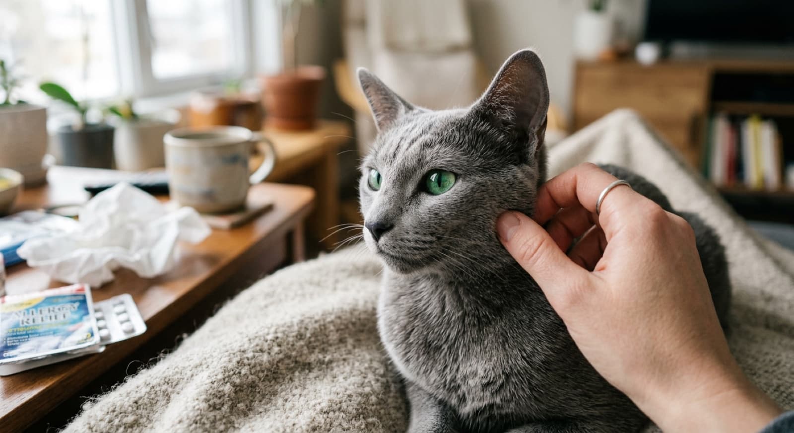 A Russian Blue cat with striking emerald green eyes and dense plush blue-grey double coat resting on a sunlit window perch in a Calgary apartment with a HEPA air purifier visible in the background, illustrating that even the most-marketed hypoallergenic breed still produces the major cat allergen Fel d 1