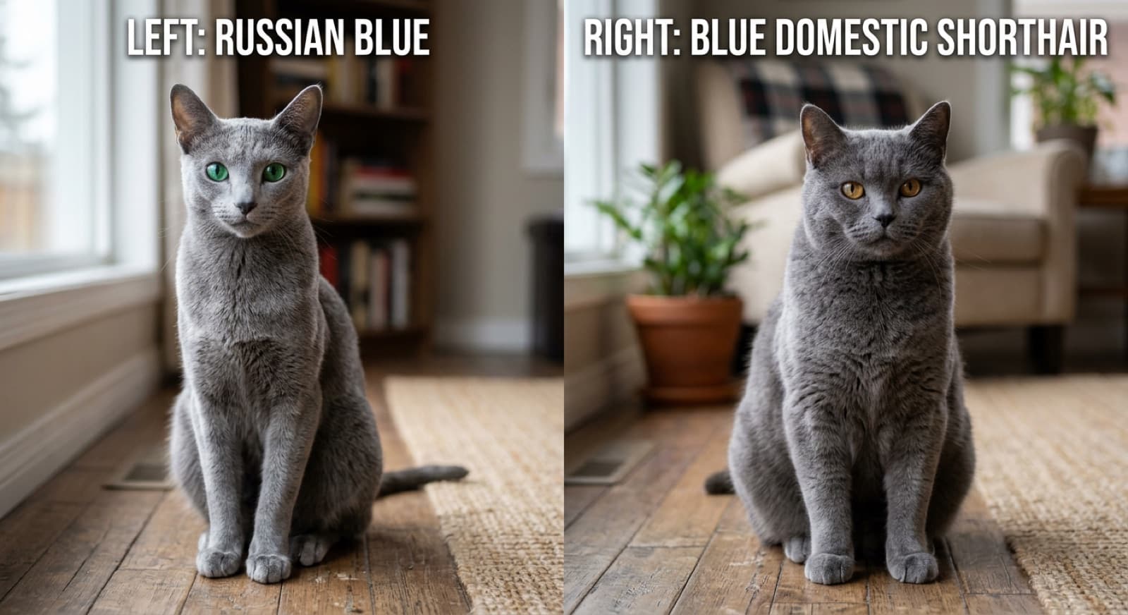 A real Russian Blue cat with vivid green eyes and silver-tipped shimmer coat next to a blue Domestic Shorthair with copper eyes and flat grey coat, illustrating the key visual differences for Calgary adopters