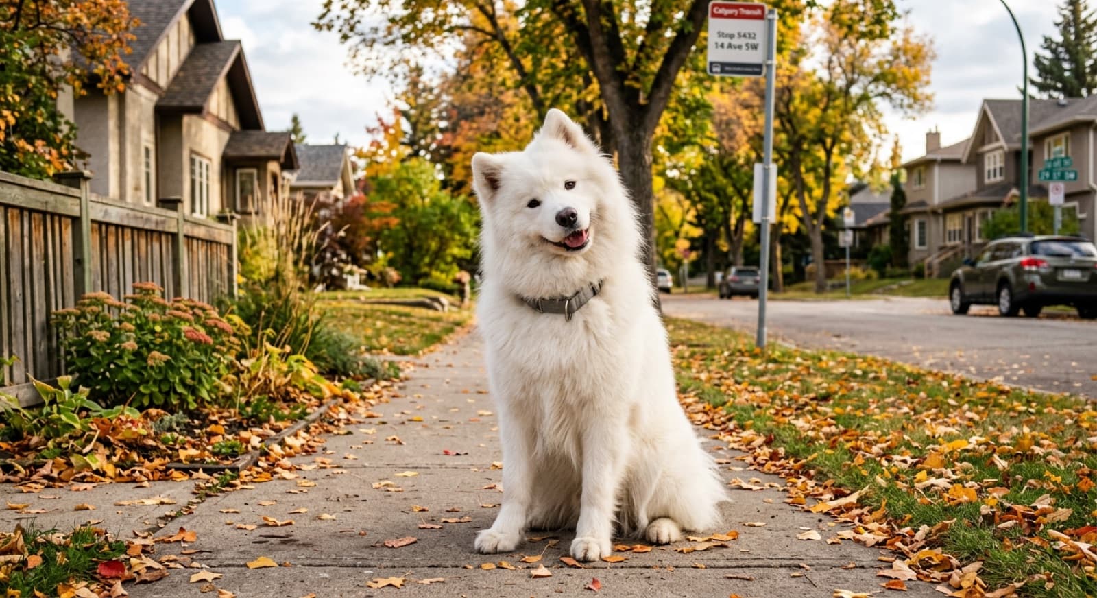 A smiling adult Samoyed with a fluffy white double coat sitting on a Calgary park bench in late autumn, mountains in the background