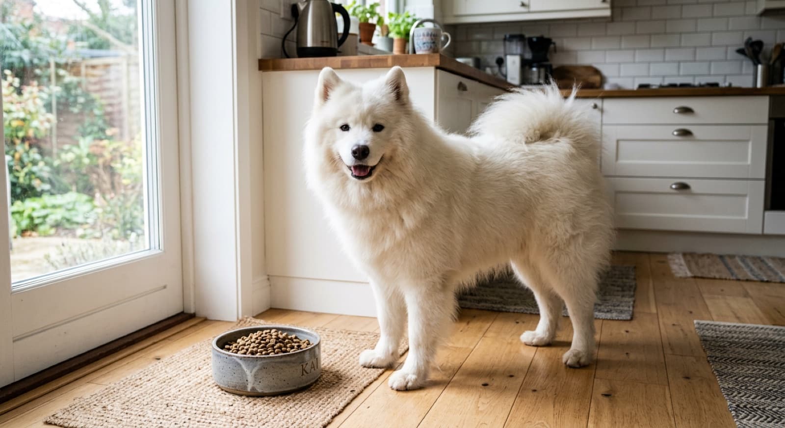 Samoyed standing beside a bowl of kibble in a bright home kitchen