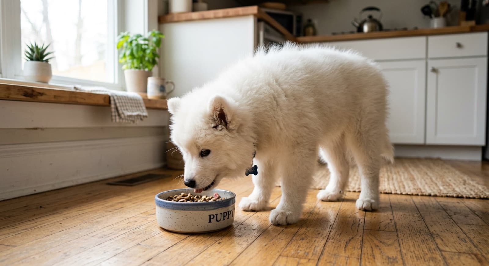 Samoyed puppy eating from a bowl on a home kitchen floor