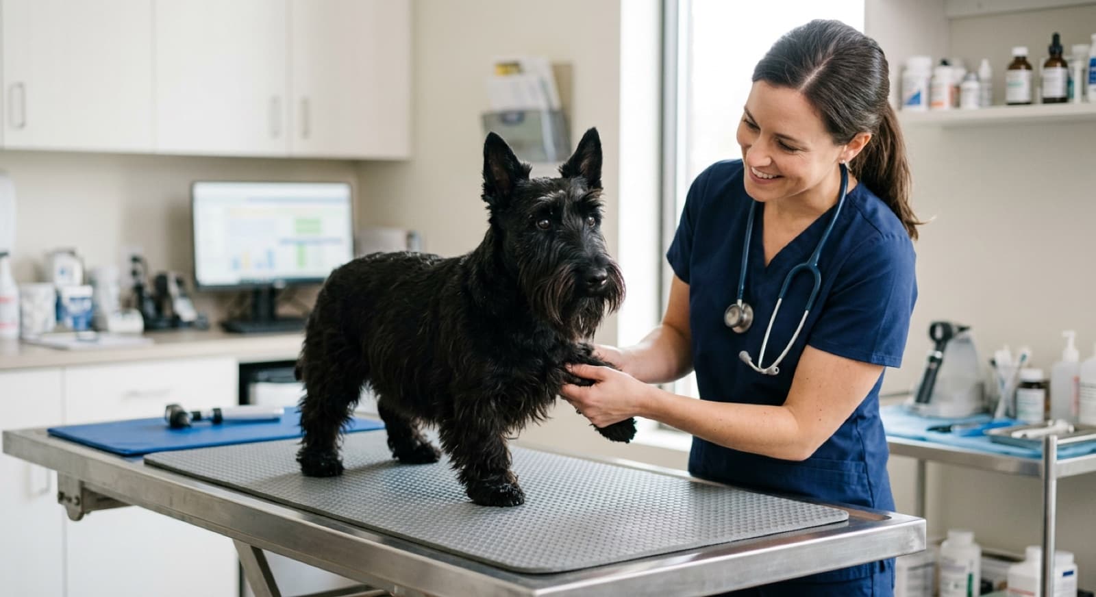 A black Scottish Terrier standing calmly for a veterinarian in a bright Calgary clinic