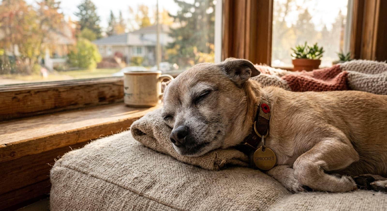 A senior Chihuahua resting on a soft blanket in a quiet Calgary home, showing the calm and settled temperament of an older rescue dog
