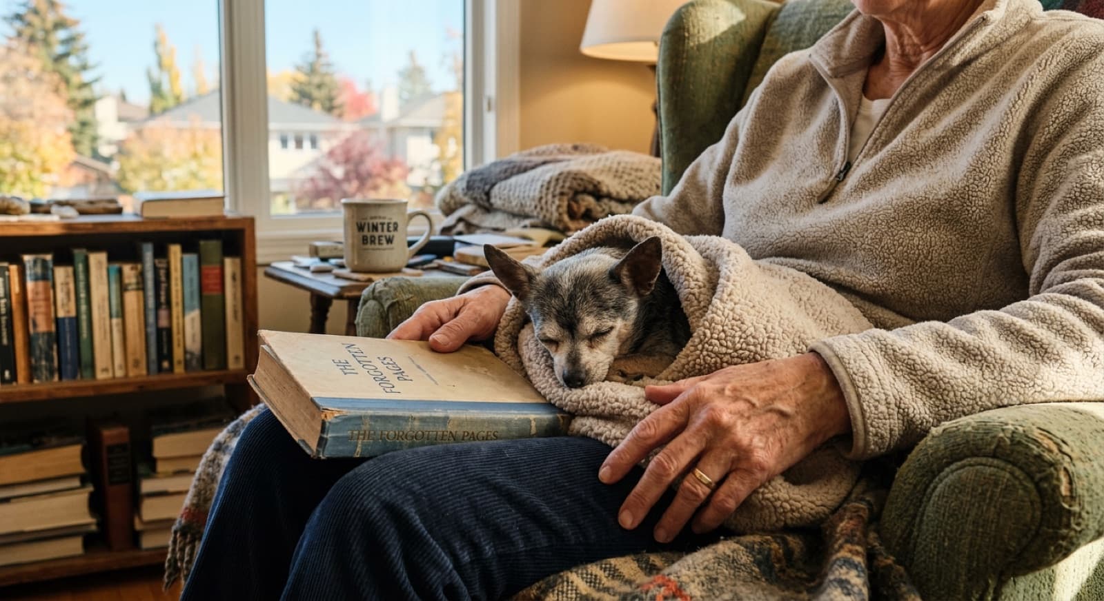 A small senior Chihuahua curled up on its new owner's lap in a Calgary living room, showing the bond between an older rescue dog and an adopter