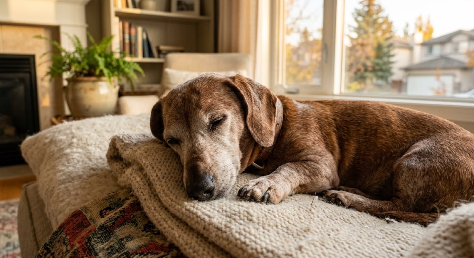 A senior Dachshund resting on a soft blanket in a quiet Calgary home, showing the calm and settled temperament of an older rescue dog