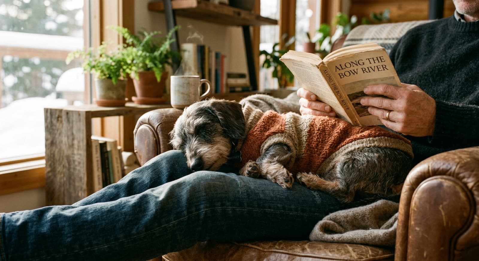 A senior Dachshund curled up on its new owner's lap in a Calgary living room, showing the bond between an older rescue dog and an adopter