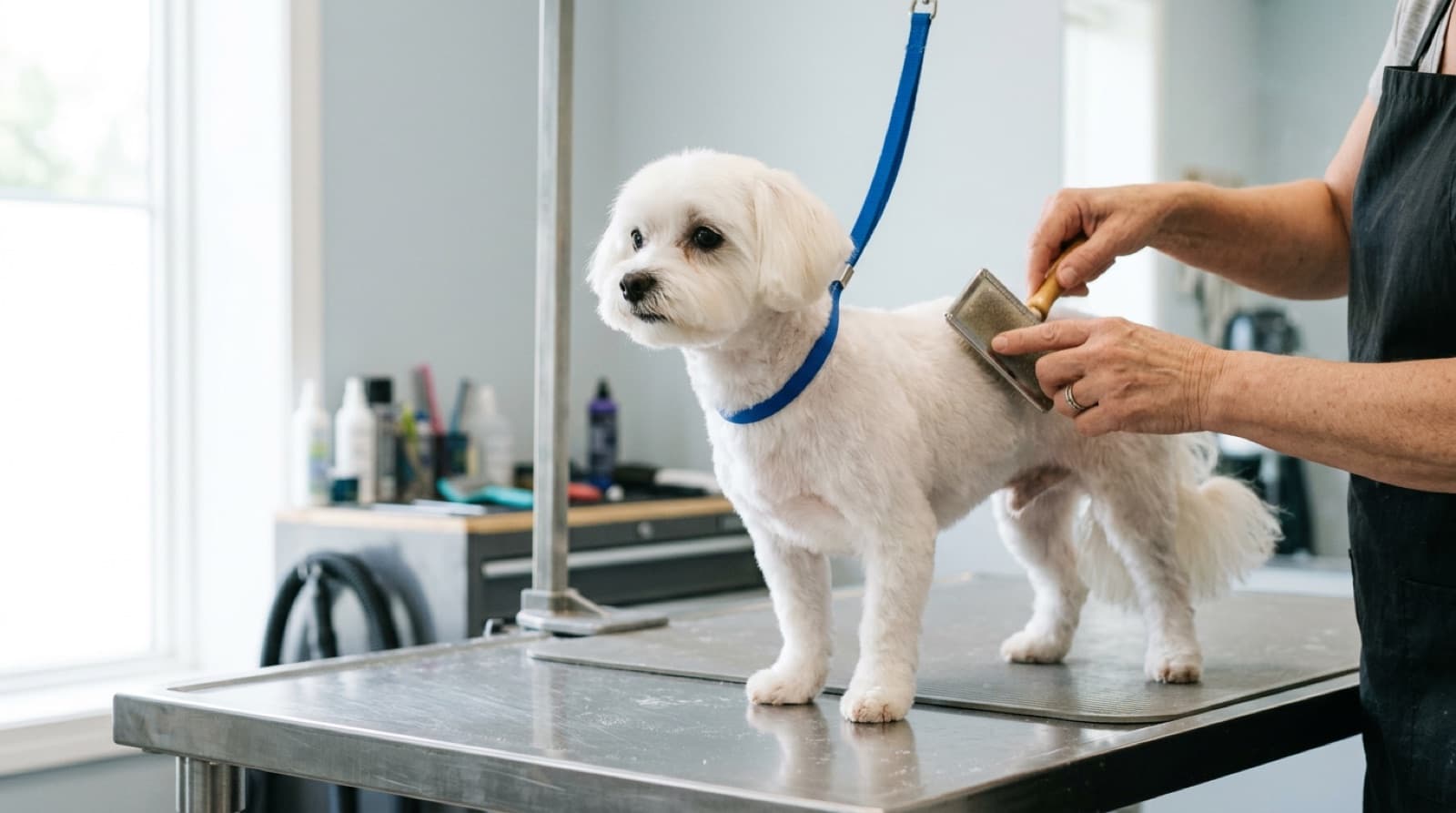A white Maltese being brushed on a grooming table at a Calgary grooming salon, coat trimmed short