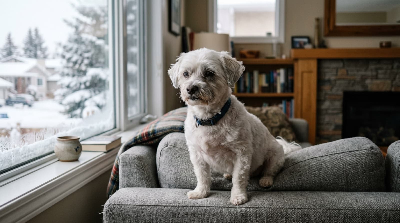 An elderly white Maltese with a short practical haircut sitting on a sofa in a Calgary living room, winter light through the window