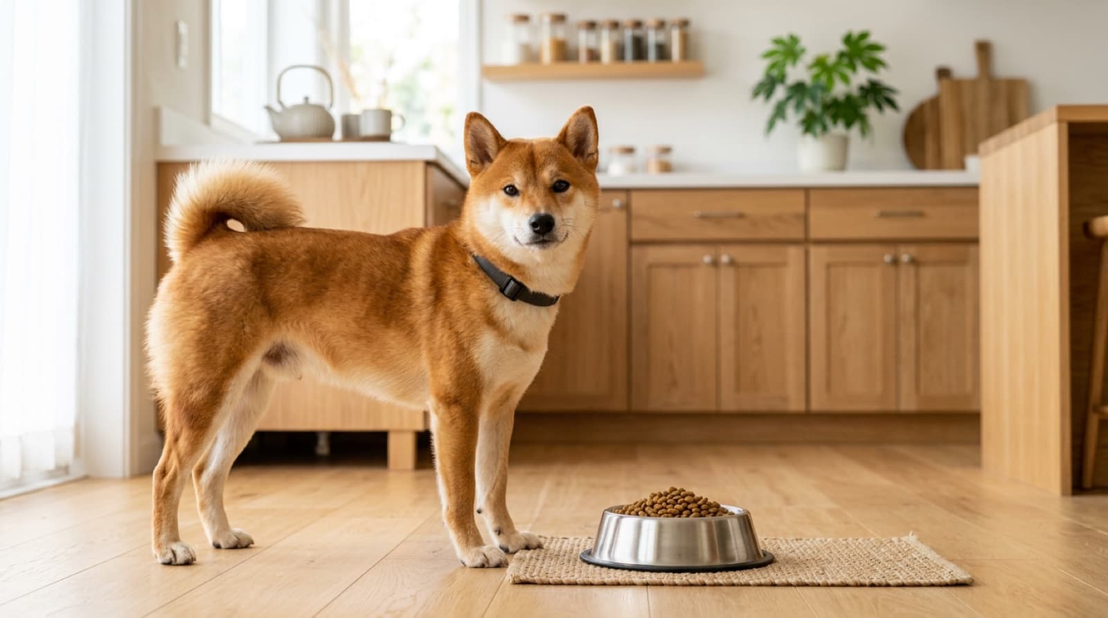 Shiba Inu standing beside a bowl of kibble in a bright home kitchen