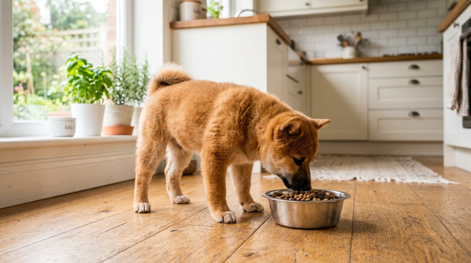 Shiba Inu puppy eating from a bowl on a home kitchen floor