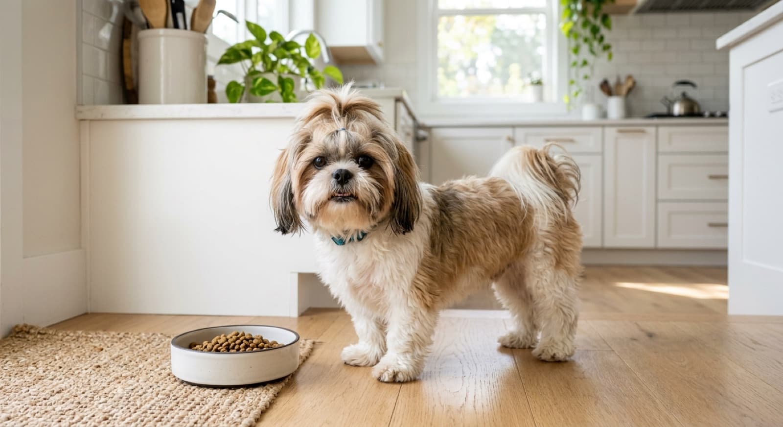 Shih Tzu standing beside a small bowl of food in a bright home kitchen