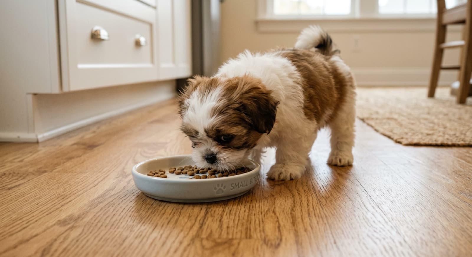 Shih Tzu puppy eating from a small shallow bowl on a home kitchen floor