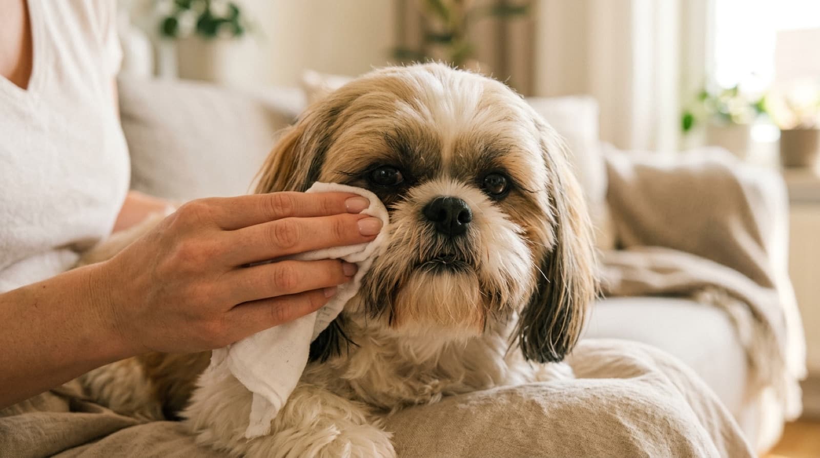 Close-up of a Shih Tzu face with the eye area and beard being gently cleaned