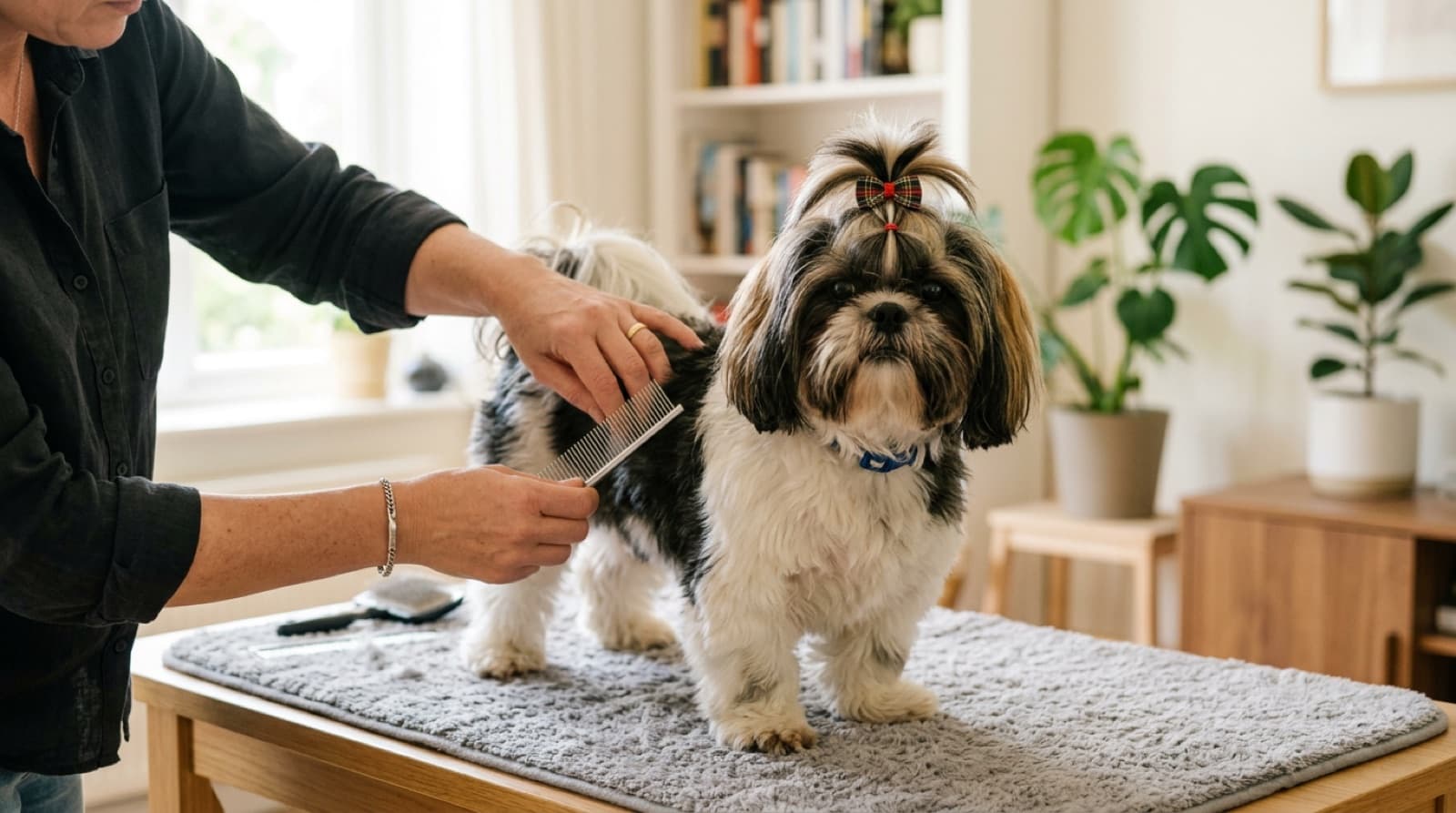 A Shih Tzu with a topknot being groomed on a table in a bright home