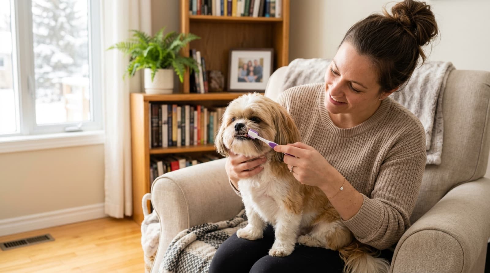An owner gently brushing a Shih Tzu's teeth with a pet toothbrush in a bright Edmonton home, illustrating the daily dental routine the breed needs
