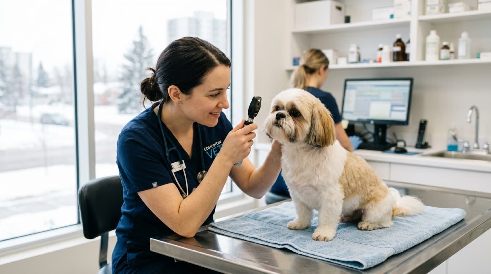 A Shih Tzu with a neatly trimmed face having its prominent eyes gently examined by a veterinarian at an Edmonton clinic