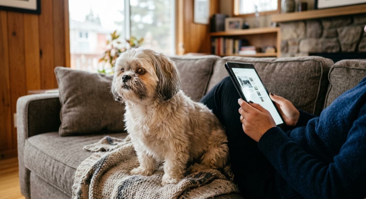 An adult Shih Tzu sitting calmly on a Calgary living-room couch, showing the breed's classic long coat, flat face, and quiet temperament