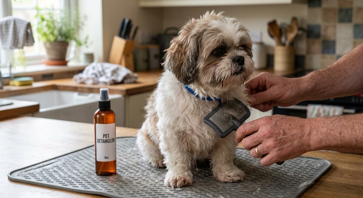 A Shih Tzu being gently brushed in a Calgary home, illustrating the daily grooming commitment the breed requires