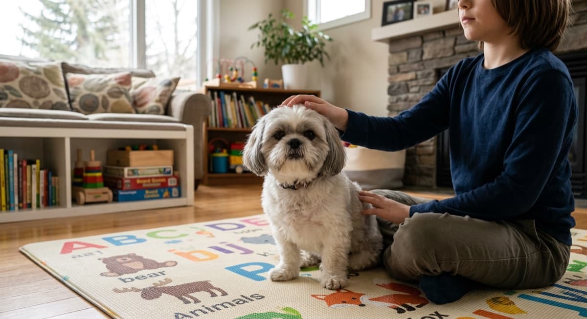 A calm adult Shih Tzu sitting on a Calgary living room floor beside a school-age child reading a book, illustrating the gentle companion temperament the breed is known for