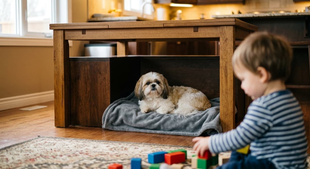 A school-age Calgary child carefully petting an adult Shih Tzu on the chest with adult supervision visible, illustrating safe handling for brachycephalic small breeds