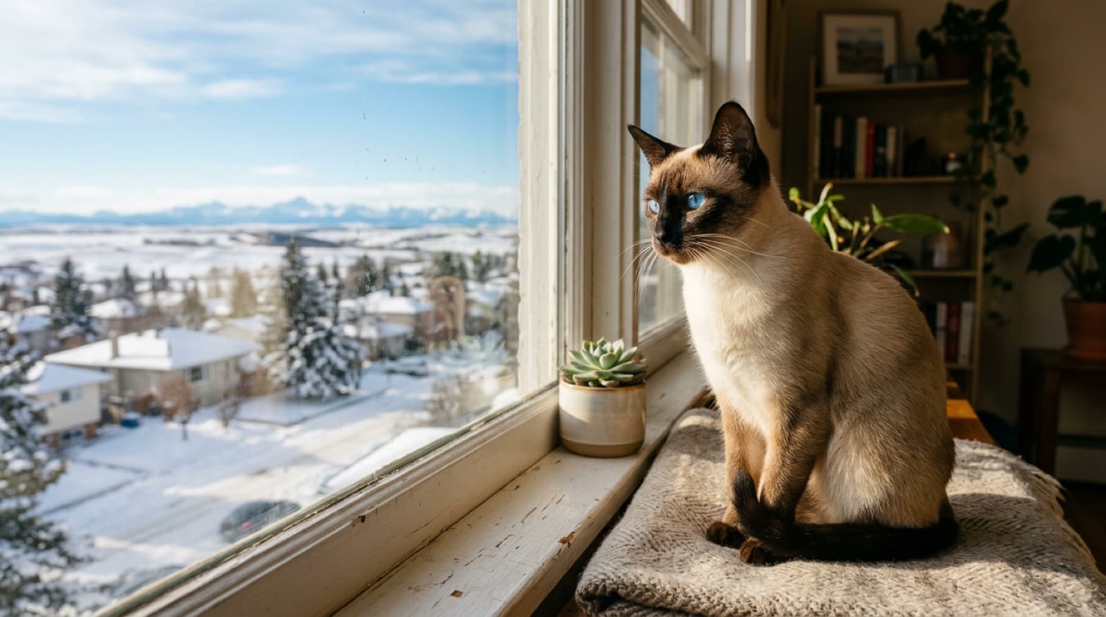 A seal-point Siamese cat with bright blue eyes and a slim athletic build perched on a tall cat tree in a Calgary living room, the kind of colourpoint cat that occasionally lands at MEOW Foundation or the Calgary Humane Society as a vocalisation-mismatch surrender