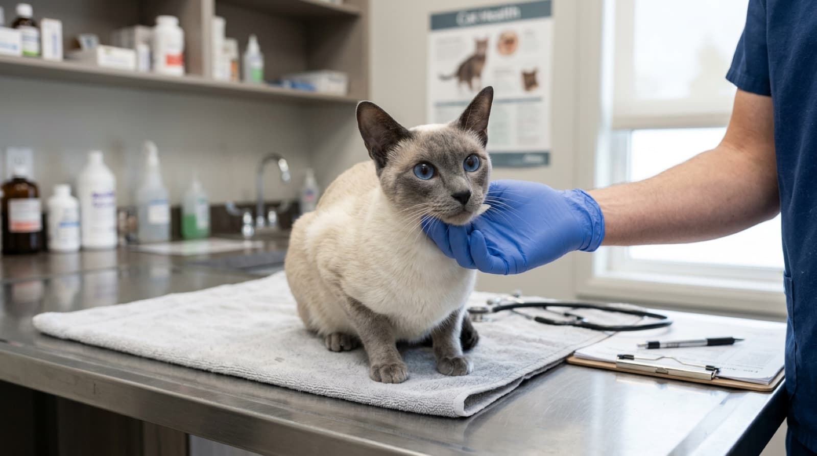 A healthy adult seal-point Siamese cat with bright blue eyes being examined by a veterinarian with a stethoscope during an annual wellness check at a Calgary veterinary clinic