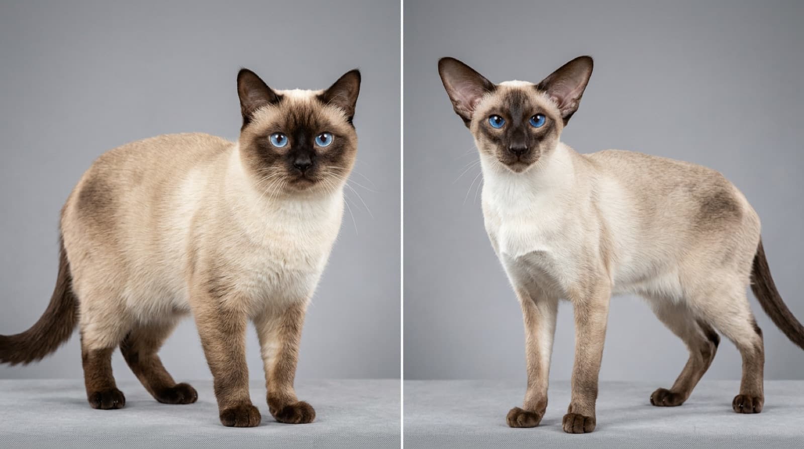 Side-by-side Traditional Applehead Siamese with round head and Modern Wedgehead Siamese with triangular head, both seal-point with blue eyes, in a Calgary home