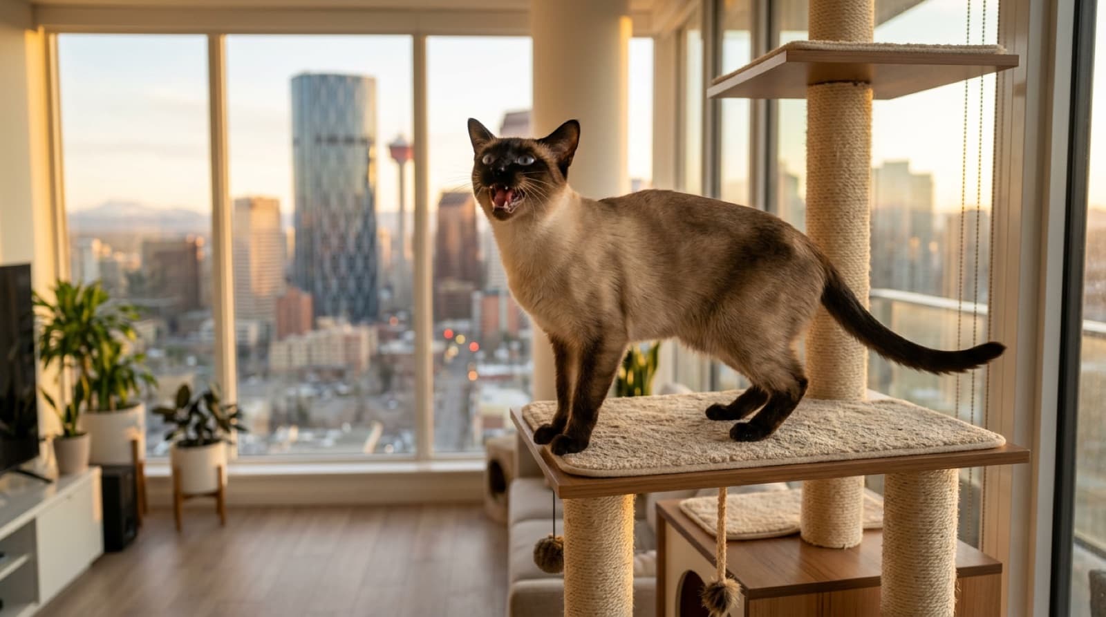 A blue-eyed seal-point Siamese cat mid-yowl on a Calgary condo window perch, illustrating the breed-defining vocalization that drives apartment-living and separation-anxiety challenges