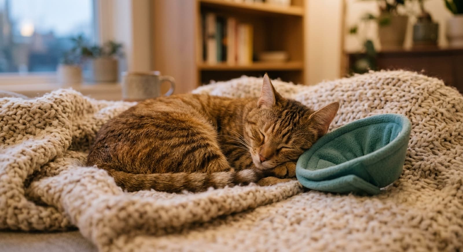 A content, healthy cat curled on a cozy blanket at home in Ottawa
