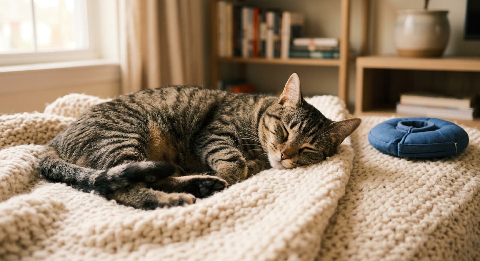 A calm, healthy cat resting on a soft blanket at home after a vet visit in Toronto