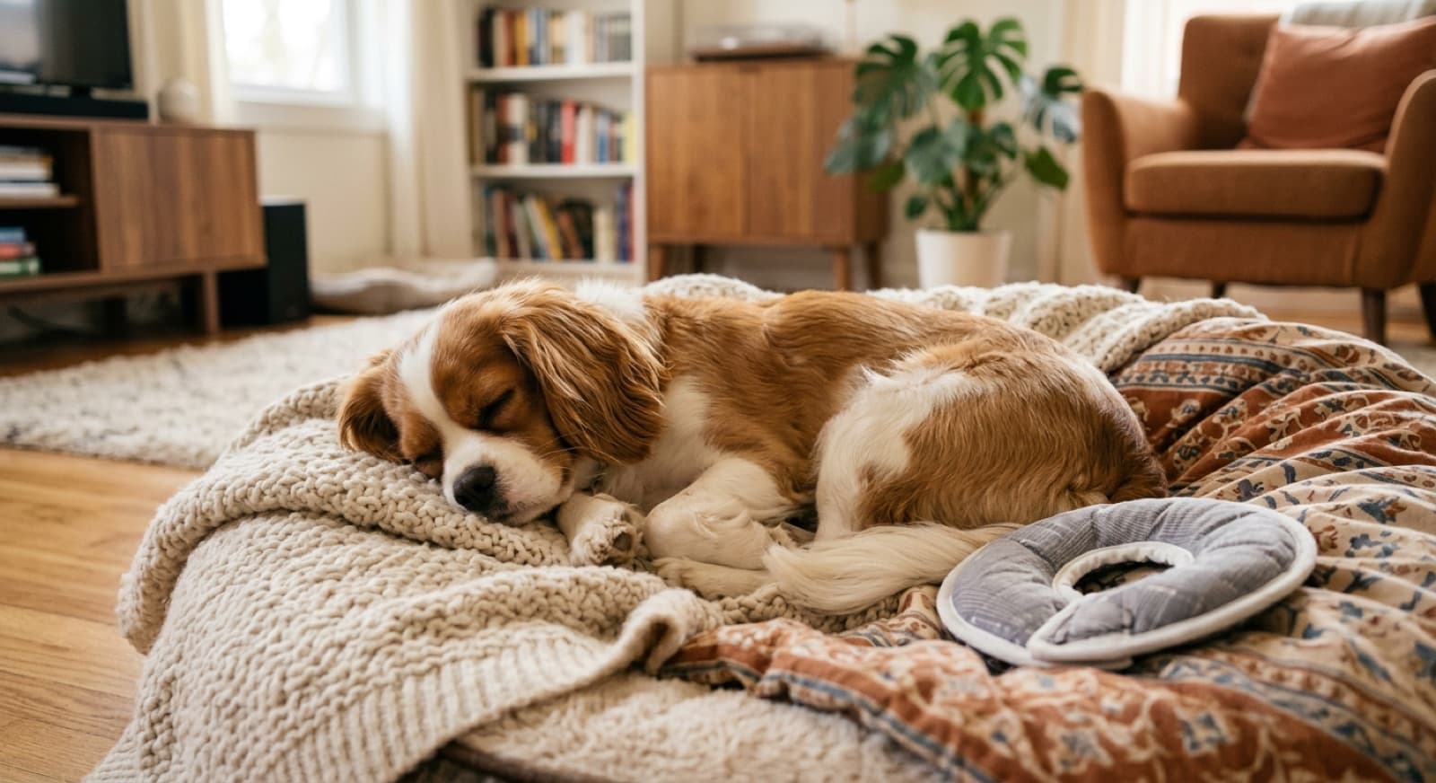 A healthy dog resting comfortably at home after a vet visit in Ottawa