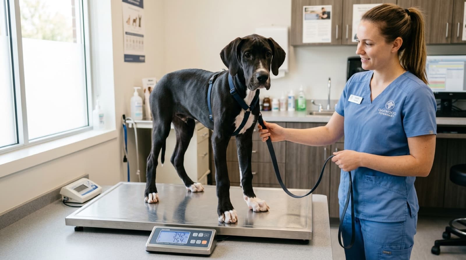 A young Great Dane puppy from an Edmonton breeder being weighed during a growth-plate development discussion
