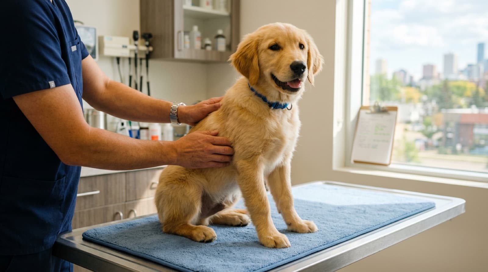 Large breed Edmonton Golden Retriever puppy at a vet appointment for spay/neuter timing discussion