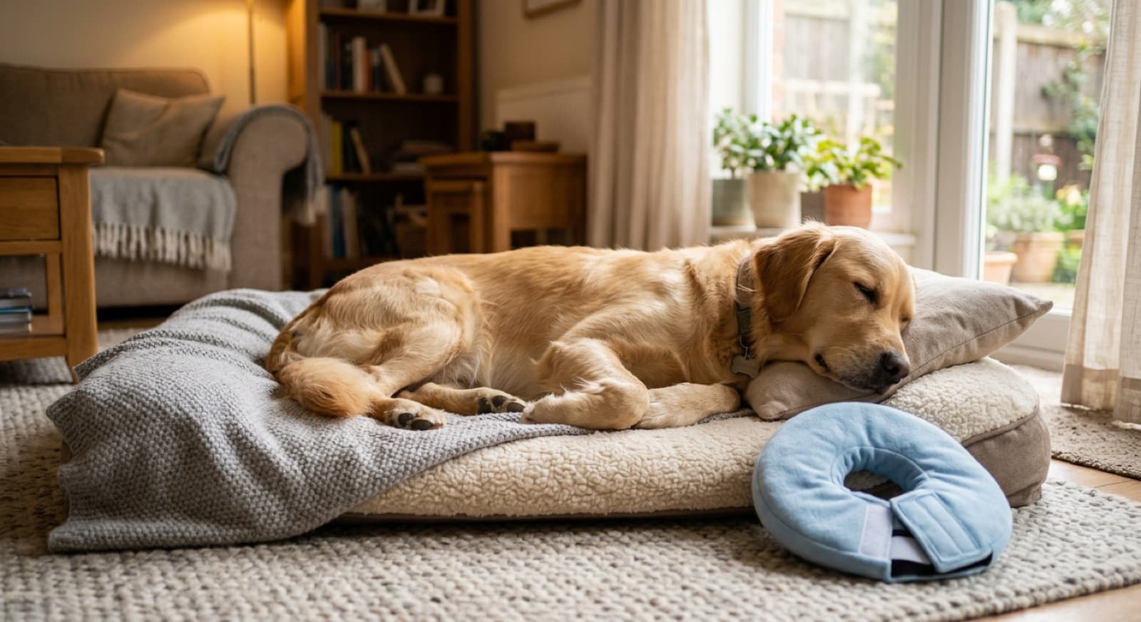 A healthy dog resting at home after a vet visit in Toronto