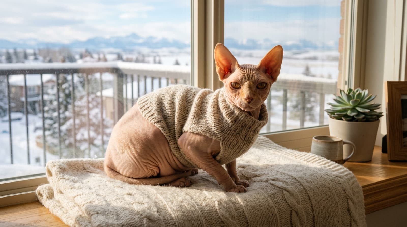 A hairless Sphynx cat with wrinkled skin and large bat-ears wearing a knitted sweater on a heated cat bed in a Calgary living room during winter, the type of climate-adapted adult Sphynx that lands at Alberta Sphynx Rescue when families underestimate the bathing and winter heating commitment