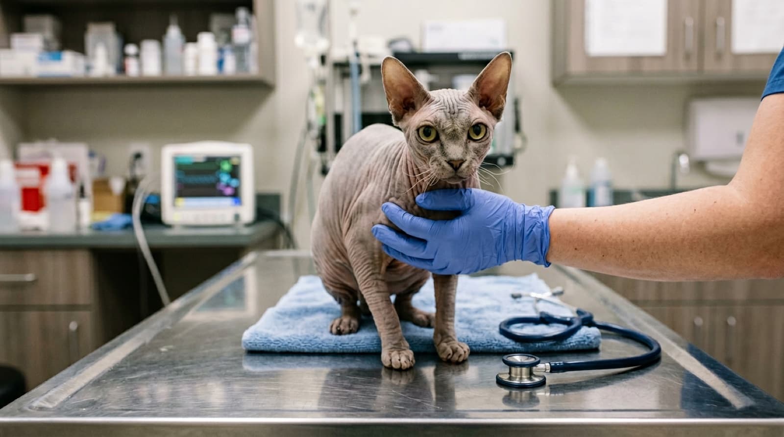 A healthy adult Sphynx cat with wrinkled hairless skin and large expressive eyes wearing a soft cotton sweater being examined by a veterinarian during an annual cardiology screening at a Calgary veterinary clinic, with warmed IV fluid setup visible on the exam table