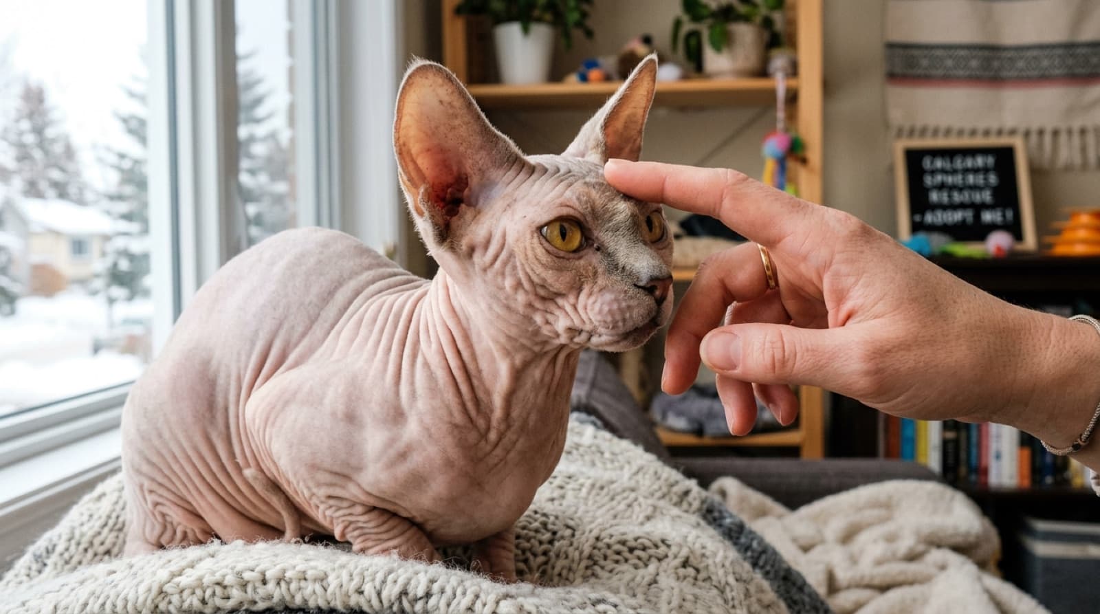 A real Sphynx cat in a Calgary foster home being met by a prospective adopter in person, the kind of verified in-home meeting that Kijiji parking-lot scam listings deliberately avoid