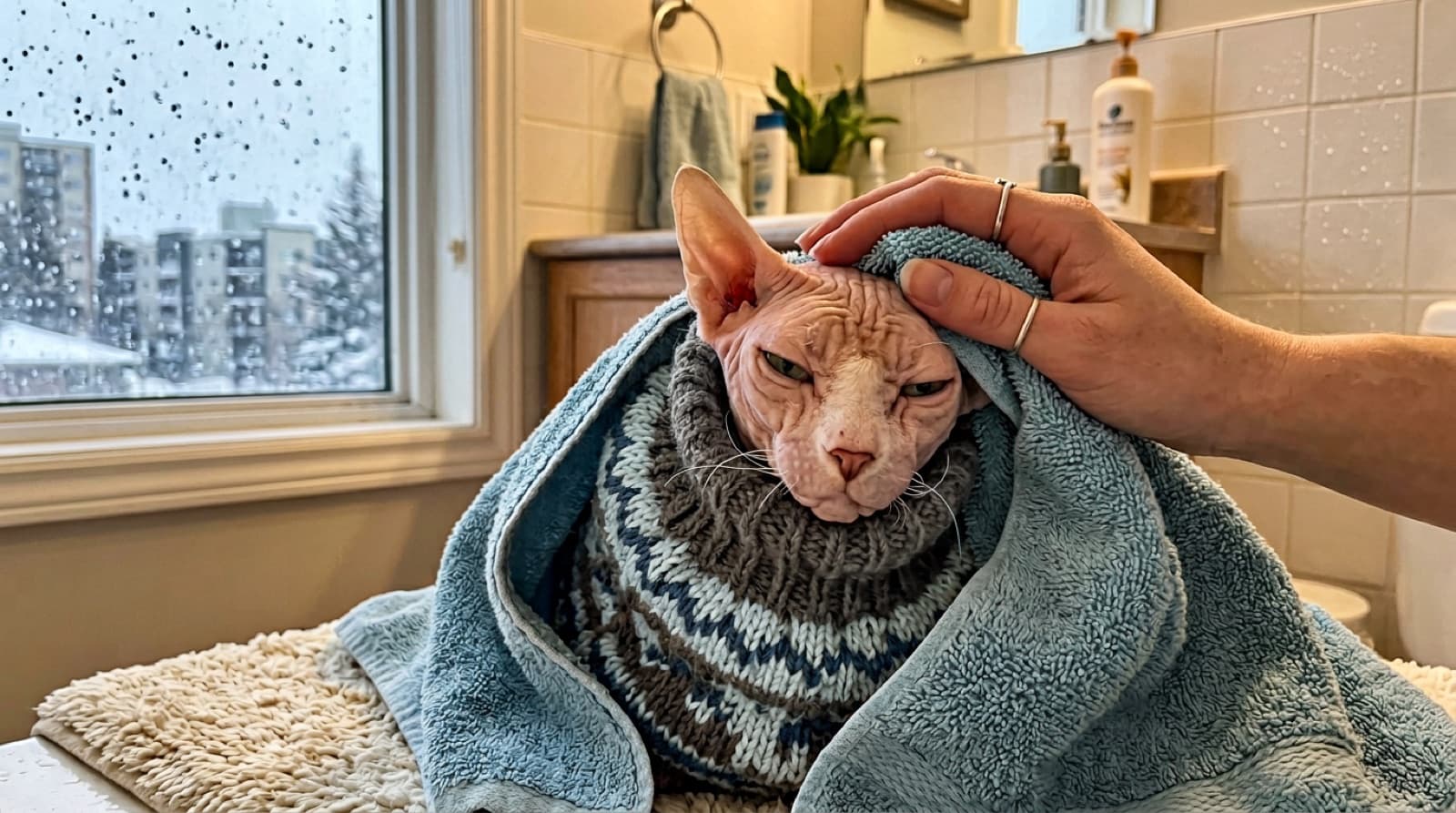 A Sphynx cat in a knit sweater curled on a warm Calgary windowsill bed in winter, illustrating the breed's sweater requirement, draft avoidance, and south-facing window sunburn risk